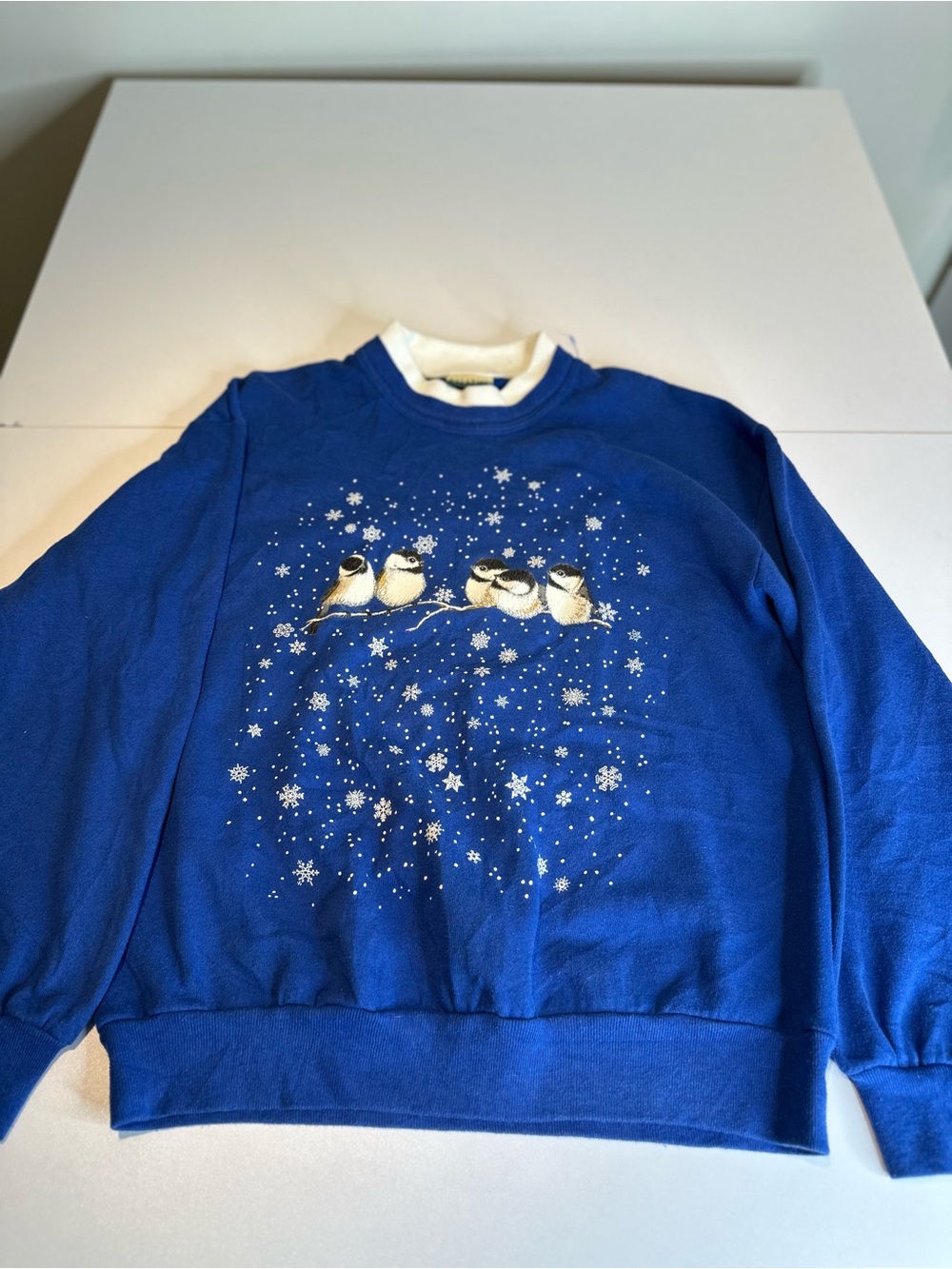 Coldwater Creek Royal Blue Crewneck Sweater with Snowy Bird Motif